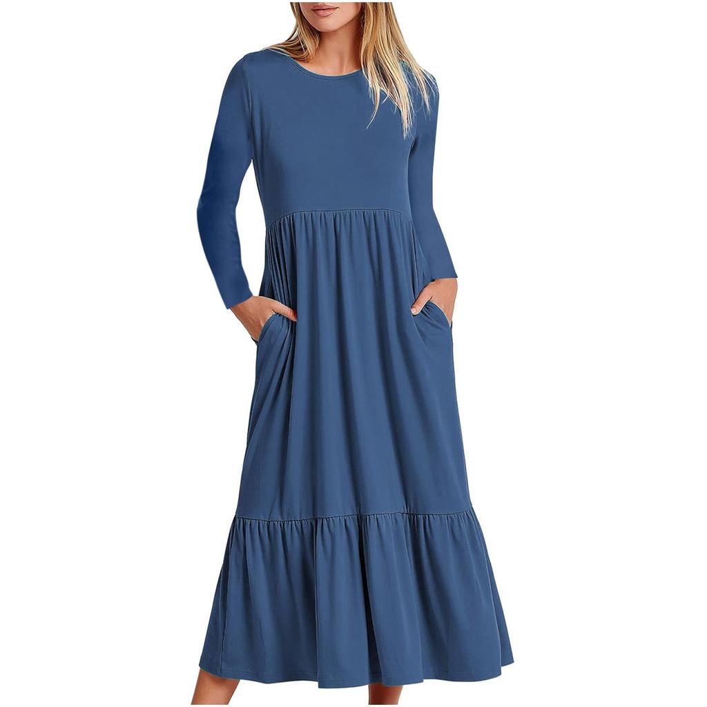 Women's Casual Dress Swing Sundress Flowy Tiered Loose Long Sleeve Maxi Dress With Pockets