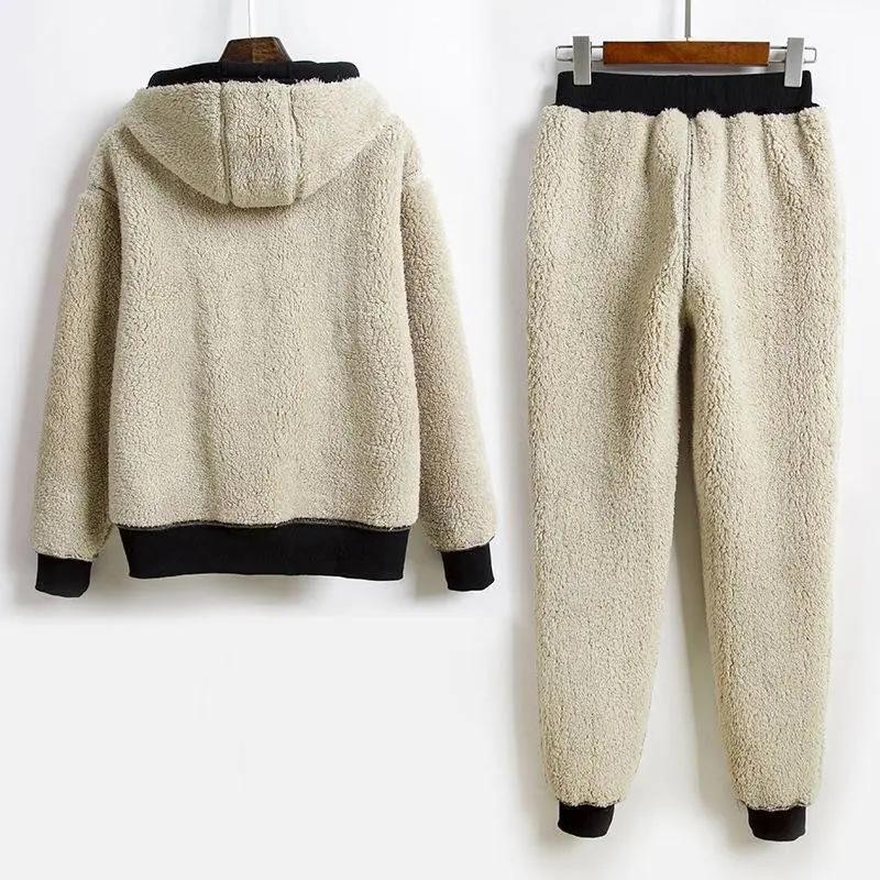Lamb Fleece Sweater Suit Women's Autumn and Winter Casual Plus Velvet Thickened Sportswear Winter Two-piece Women's Clothing