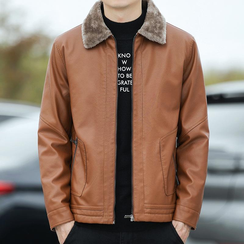 Куртка из бархатной кожи с лацканами, мужская куртка из искусственной кожи с мехом, свободная куртка среднего размера для мотоциклистов, утолщенная теплая мужская куртка