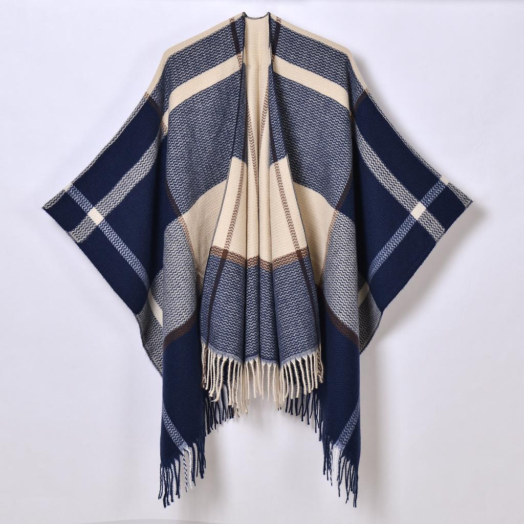 Classic Line Plaid Shawl, New Autumn and Winter Women's Thickened Knitted Cardigan Cape
