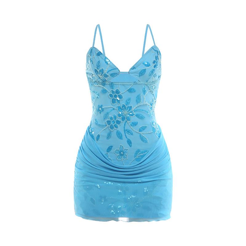 Floral Sequins Patchwork Ruched Mesh Bodycon Camisole Mini Dress Women Sexy V Neck Spaghetti Straps Backless Slim Party Clubwear