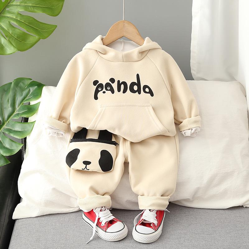 Spring Boys' English Panda Hoodie & Bag Two-Piece Set (0-5 Years) - New Autumn Arrival