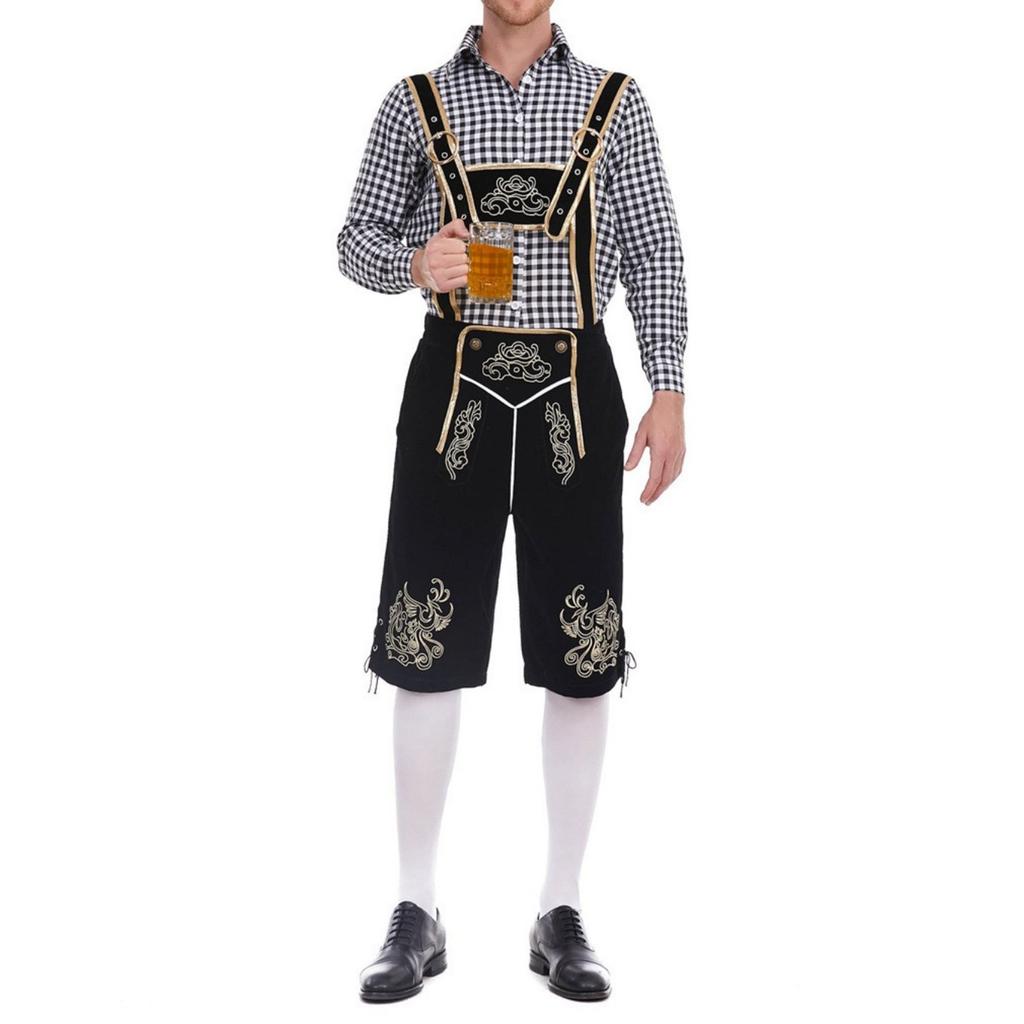 Men's Traditional Bavarian Outfit Lederhosen Set with Embroidered Suspenders and Checkered Shirt Suitable for Oktoberfest Costume Party