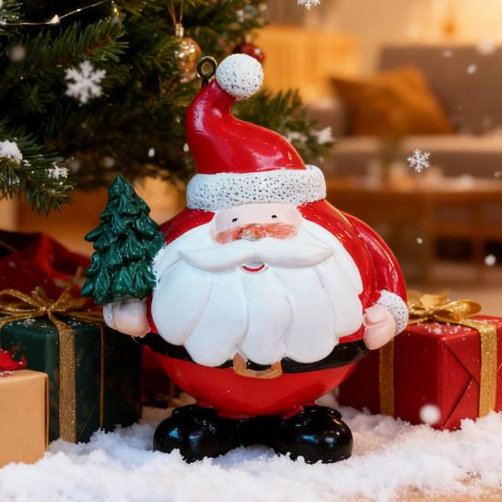 Пухлая фигурка Санта-Клауса из смолы, Санта держит елочное украшение, милая статуэтка Санты с металлическим кольцом для подвешивания на елку или для настольного праздничного декора