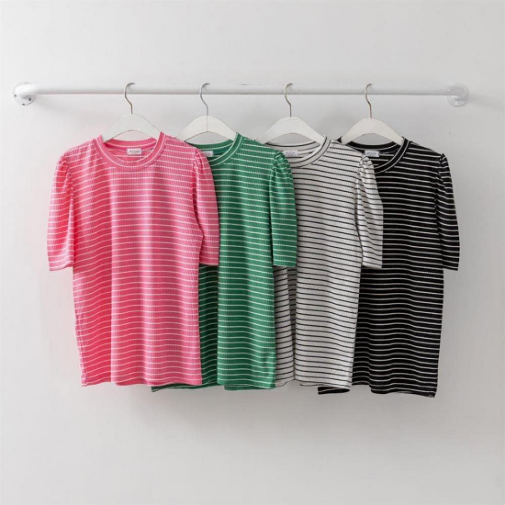 New ArrivalS Open Run Women S Stripe Summer Knit Shirring Short Sleeve Round Ne