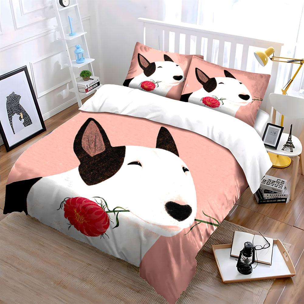 Bull Terrier with Pink Flower Bedding Duvet Cover Set Duvet Cover Pillowcases (1*Duvet Cover 2*Pillowcases, without duvet insert)