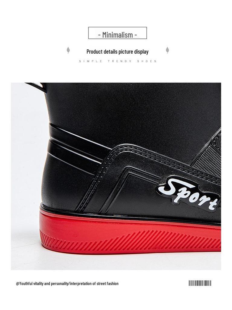 Мужские короткие модные резиновые сапоги - Черные/Красные, средней высоты голенище, со шнурком, светоотражающие резиновые сапоги для ходьбы по воде и рыбалки.