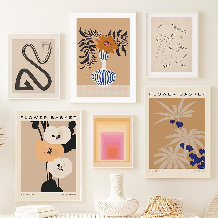 Винтажный цветочный рынок, абстрактная линия, кривая, настенная живопись на холсте, плакаты на скандинавскую тему и принты, настенные панно для декора гостиной