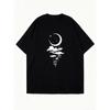 Oversized T Shirt Black Moon Clouds And Stars Print For Casual Wear