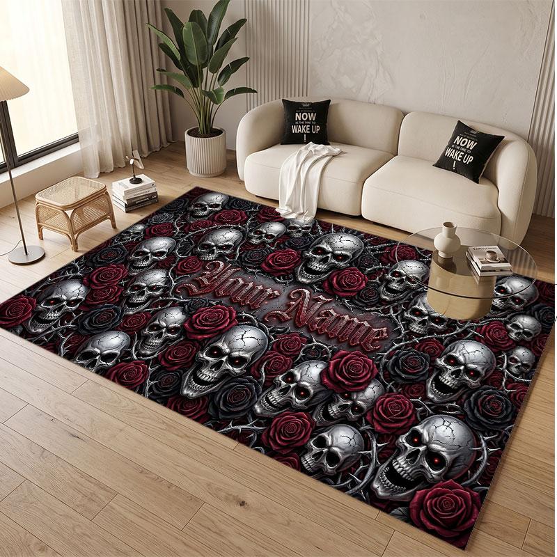 Skull Gothic Theme Soft Crystal Velvet Rug Custom Name & Text Print Non Slip Floor Rug for Bedroom Living Room