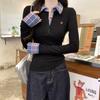 Футболка с длинными рукавами в клетку с воротником поло для женщин, весна, новый большой размер Fat MM Slim Fit и тонкий поддельный двухкомпонентный топ