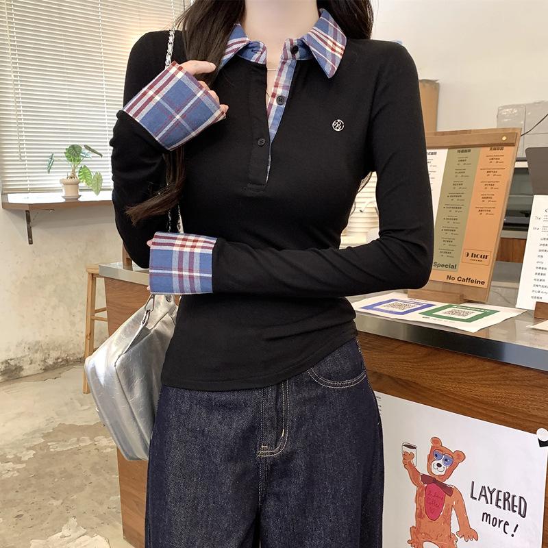 Футболка с длинными рукавами в клетку с воротником поло для женщин, весна, новый большой размер Fat MM Slim Fit и тонкий поддельный двухкомпонентный топ