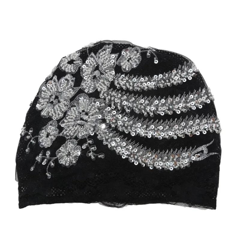 Luxury Embroidery Beading Pleated Turban Cap for Women African Female Wrap Head Bonnet Muslim Turban Hat Lady Head Wraps