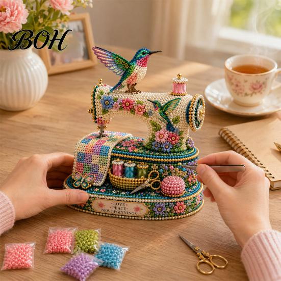 Desktop Decorative Craft Tiny 3D Beaded Sewing Machine DIY Kit for Kids & Adults, Exquisite Hummingbird Handmade Bead Set, Stress Relief Creative