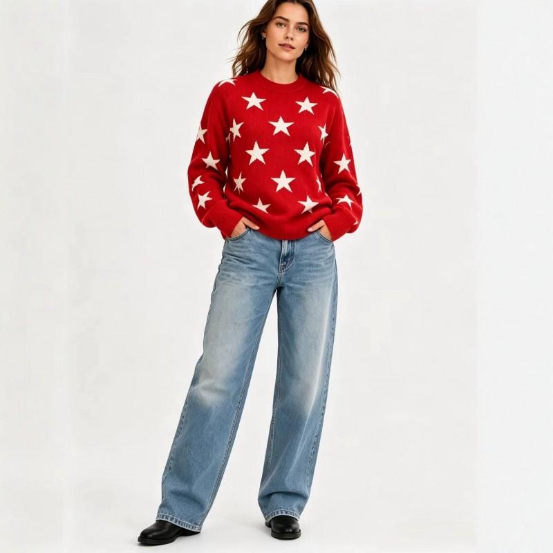 Womens Oversized Knit Sweater With Star Jacquard Round Neck Loose Fit Warm Winter Pullover