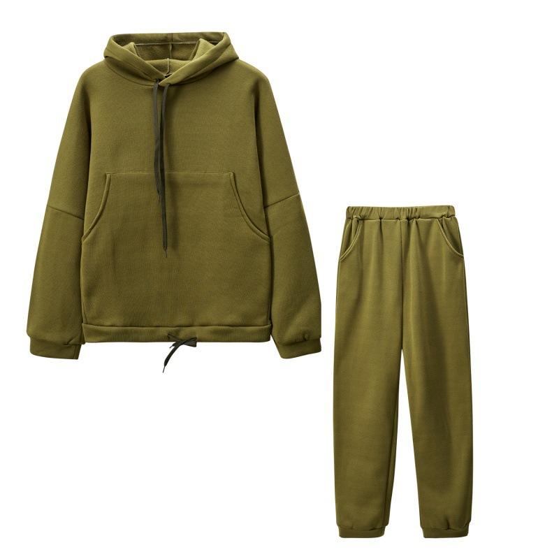 Fleece Women's Tracksuit Hoodies Two Piece Sets Winter Solid Long Sleeve Joggers Pants Suit Female Casual Sportswear Set