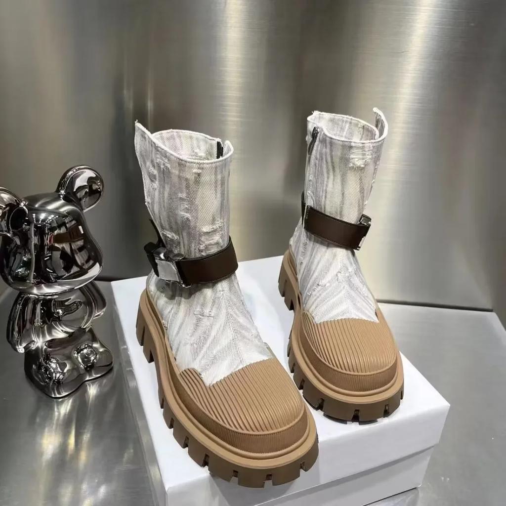 Новые корейские модные короткие сапоги женские джинсовые туфли на толстой подошве женские ботильоны в стиле ретро с пряжкой на ремне для женщин 2024