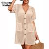Swimsuit Cover Up Women Button Down Crochet Beach Dress Side Split Swim Bathing Suit Coverups Pocket Swimwear