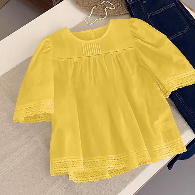 VONDA Women Summer Round Neck Lace Short Sleeve Blouses