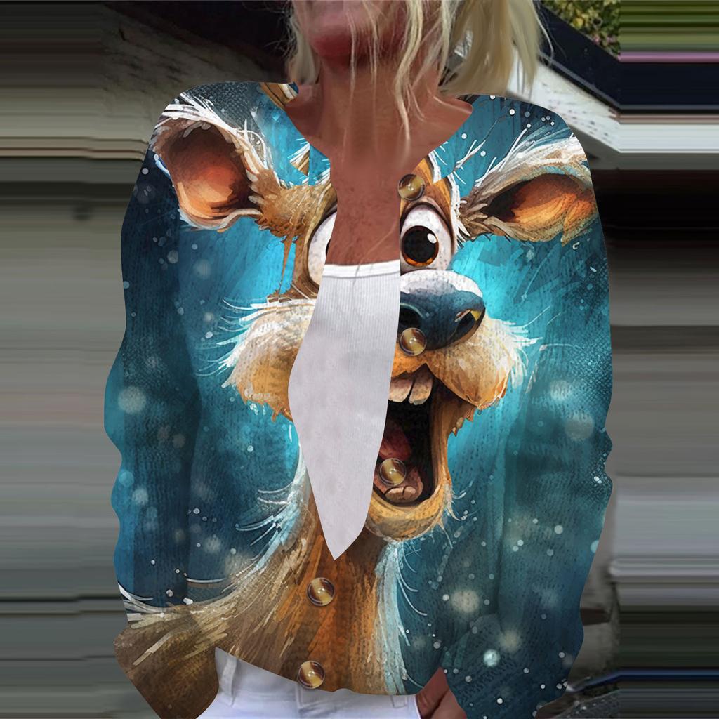 Women's Fashion Christmas Printed Long Sleeve Knitted Cardigan Button Down Jacket