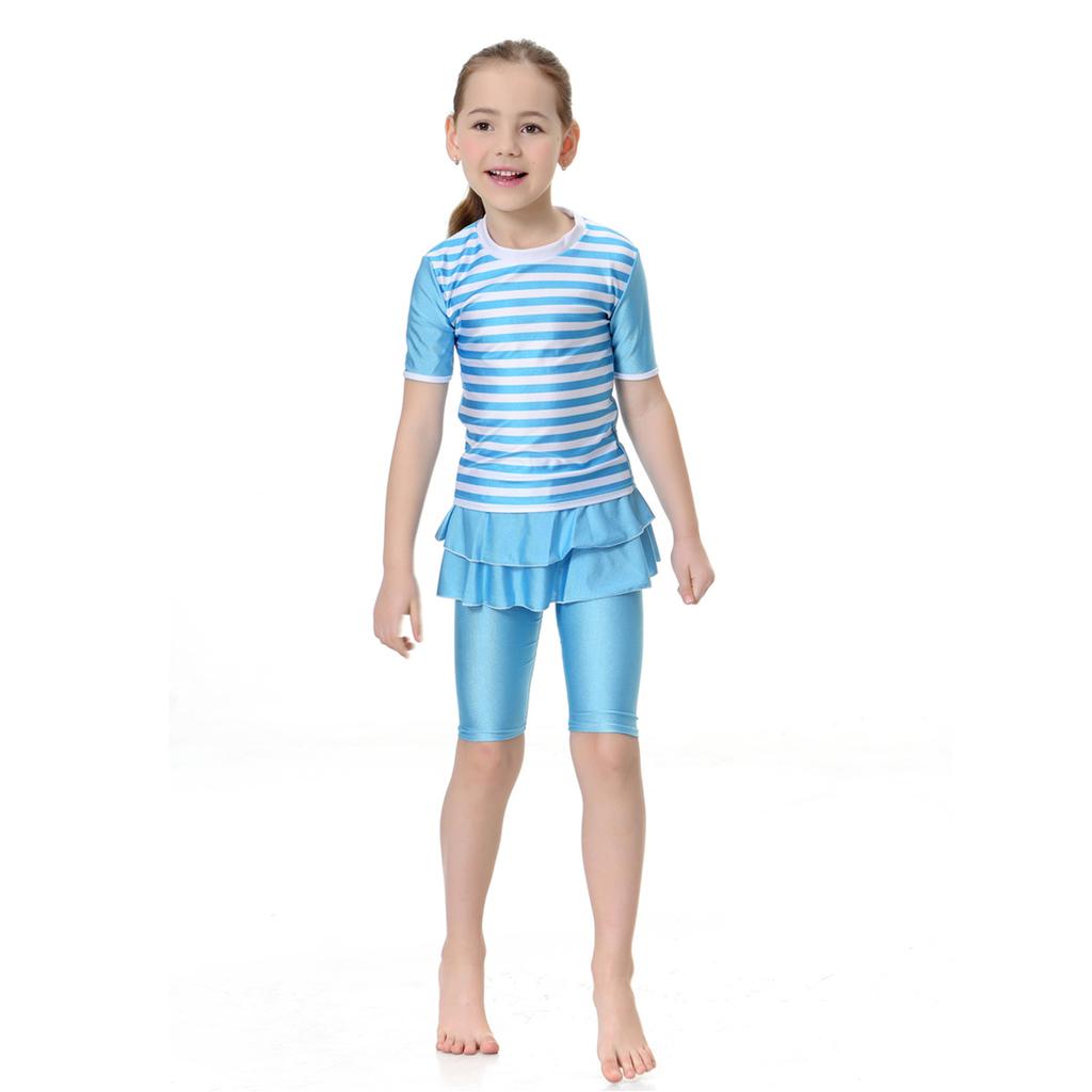 Girls Muslim Swimwears Split Two-piece Swimming Suit Short Sleeve Striped Kids Swimsuit