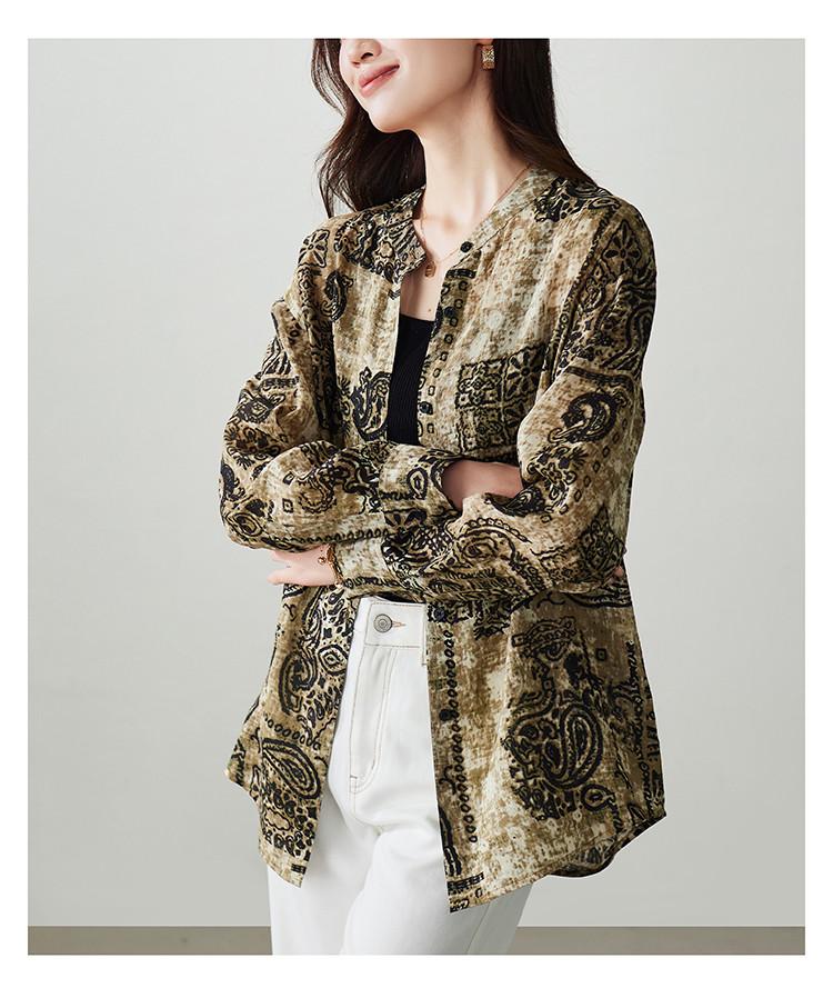 Women's 2026 Spring Commuting Versatile Round Neck Long Sleeve Shirt with Retro Printed Linen and Silk