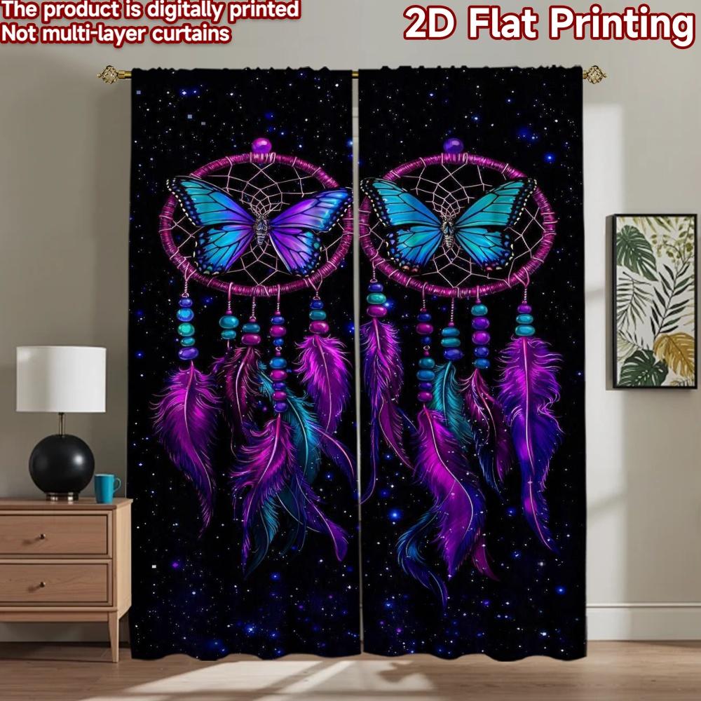 2D flat printing 2pcs Curtain Window Drapes Galaxy Butterfly Dreamcatcher Digital Printed Polyester Drapes Seasonal Party &