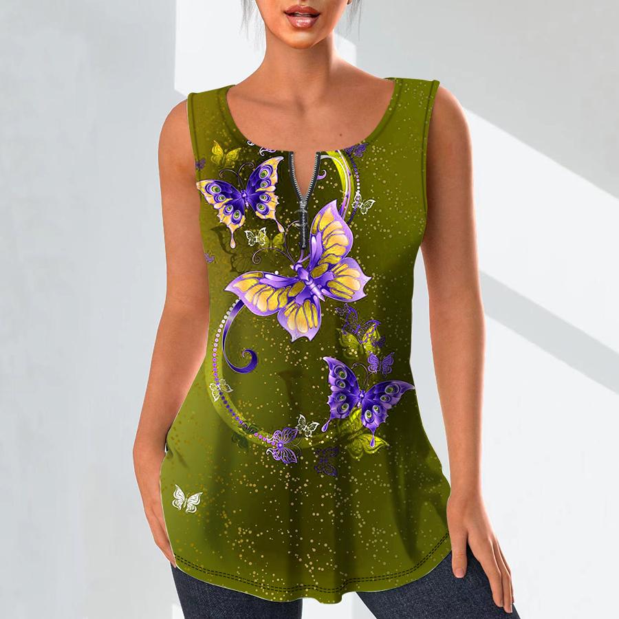 Women's Fashion V Neck Shirts Casual Tops T-shirt Ladies 3D Flying Butterfly Print Vest Plus Size Sleeveless Blouse Tank Tops