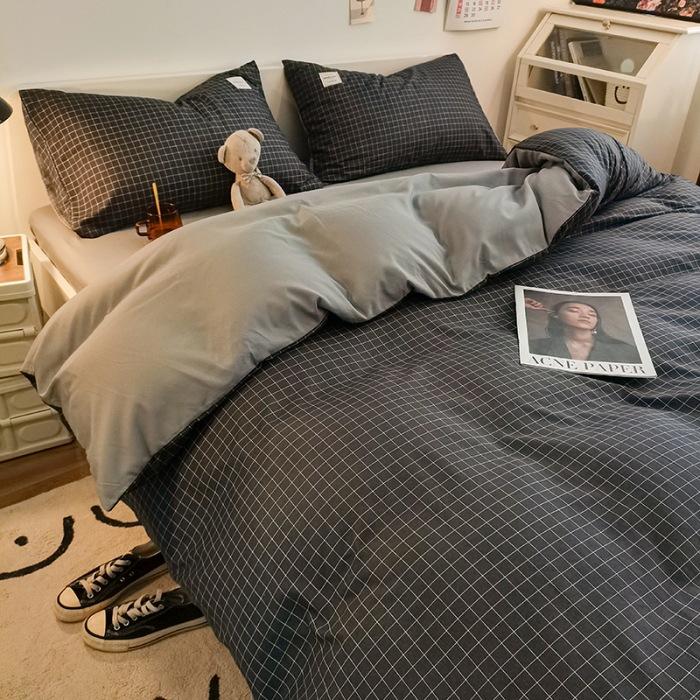 Комплект постельного белья из чистого хлопка, четырехпредметный, простой клетчатый, хлопковые простыни, пододеяльник, полосатое постельное белье