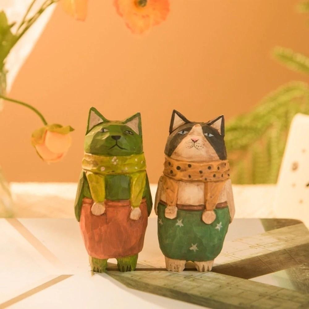 Handmade Wood Carving Cat Ornament Cartoon Cat Figurines Painted Cat Sculpture  Home Decoration