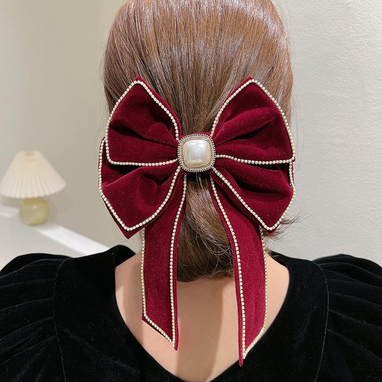 Red Sweet Butterfly Bow Hairpin Velvet Pearl Large Spring Clip Korean Ribbon Satin Hair Clips for Girls