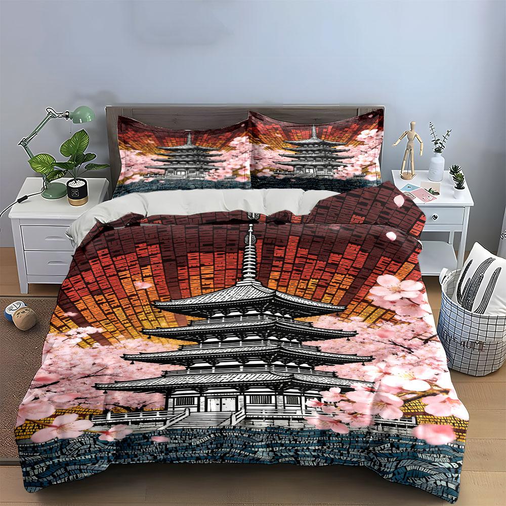Pagoda and cherry blossoms. Bedding sets Duvet cover sets Duvet covers Pillowcases(1 * Duvet Cover 2 * Pillowcases, without duvet insert)
