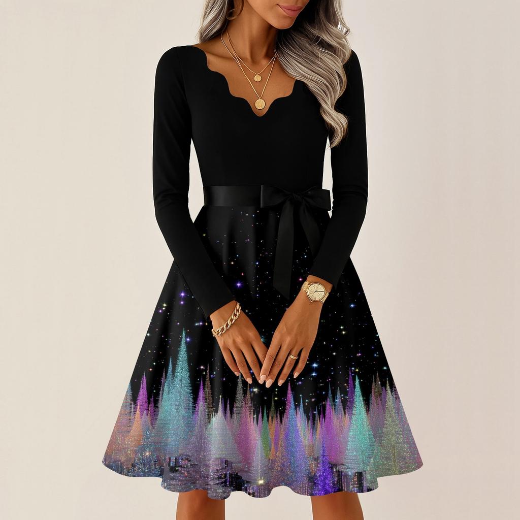 Women's Casual Fashion V-neck Long Sleeved Retro Christmas Print Retro Dress