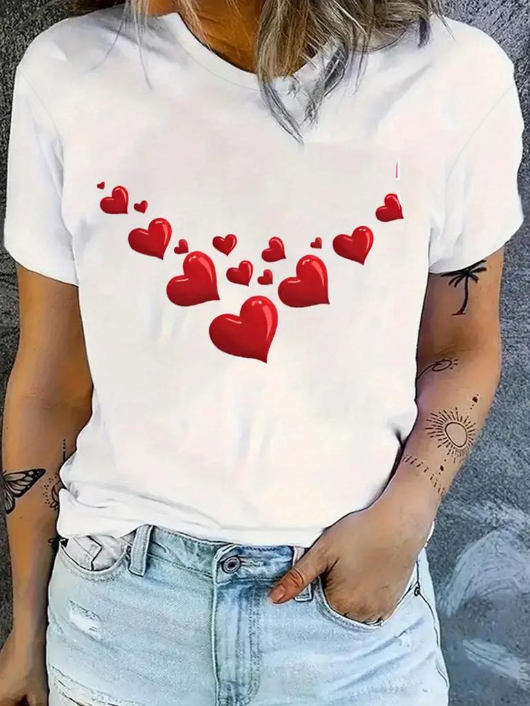 Y2k Retro Red Heart Graphic Printed Tshirt For Unisex Geometric Applique Design Summer Casual Daily Wear Casual Clothing