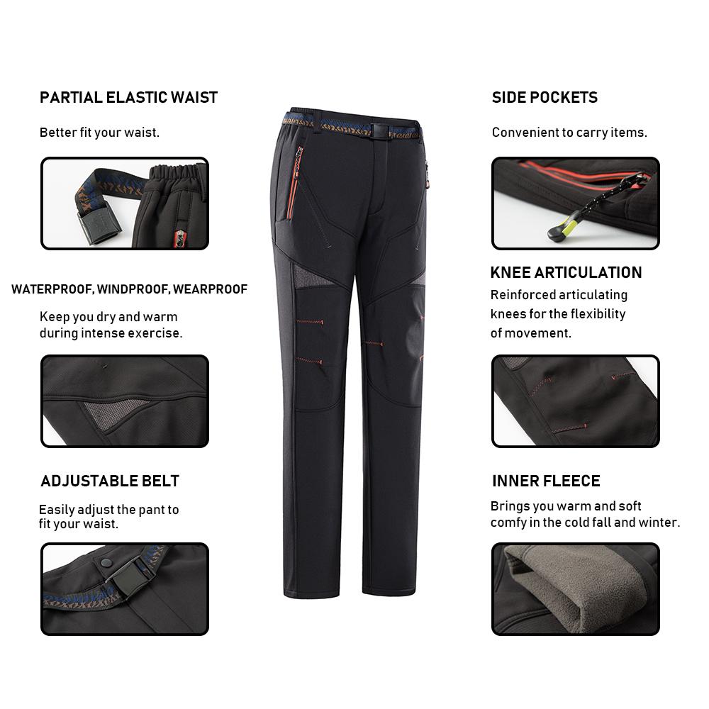 Men's Hiking Pants Fleece Removable Waterproof Windproof Mountain Trousers with Zipper Pockets Outdoor Camping Fishing Winter