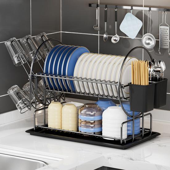Стеллаж для сушки посуды из нержавеющей стали, двухъярусная кухонная стойка для хранения с антикоррозийным покрытием, большой держатель для посуды, система слива, хранение тарелок и чашек