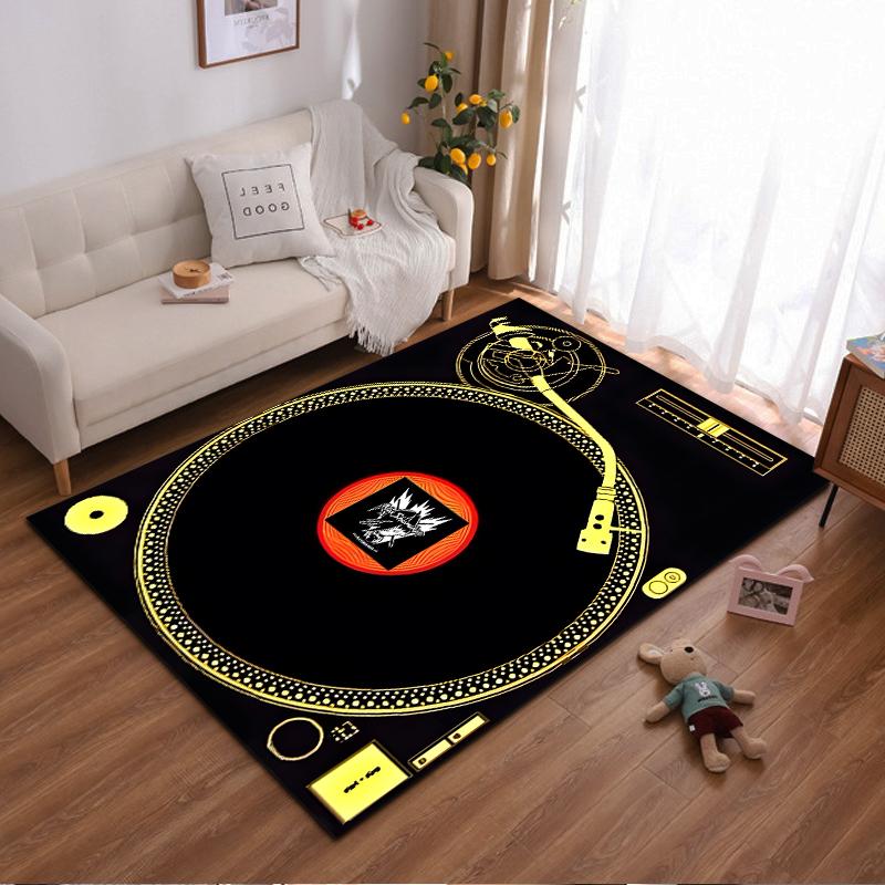 Turntable Design Rug with Gold Black Pattern Non-slip rug suitable for living room and bedroom sofas