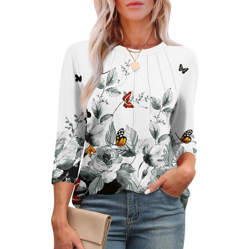 Женская модная футболка с круглым вырезом и рукавом 3/4 с принтом, повседневная, базовая, плиссированная, пуловер