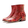 Vintage Red Shoes Handmade Genuine Leather Splice Printed Lace-up Women's Short Boots