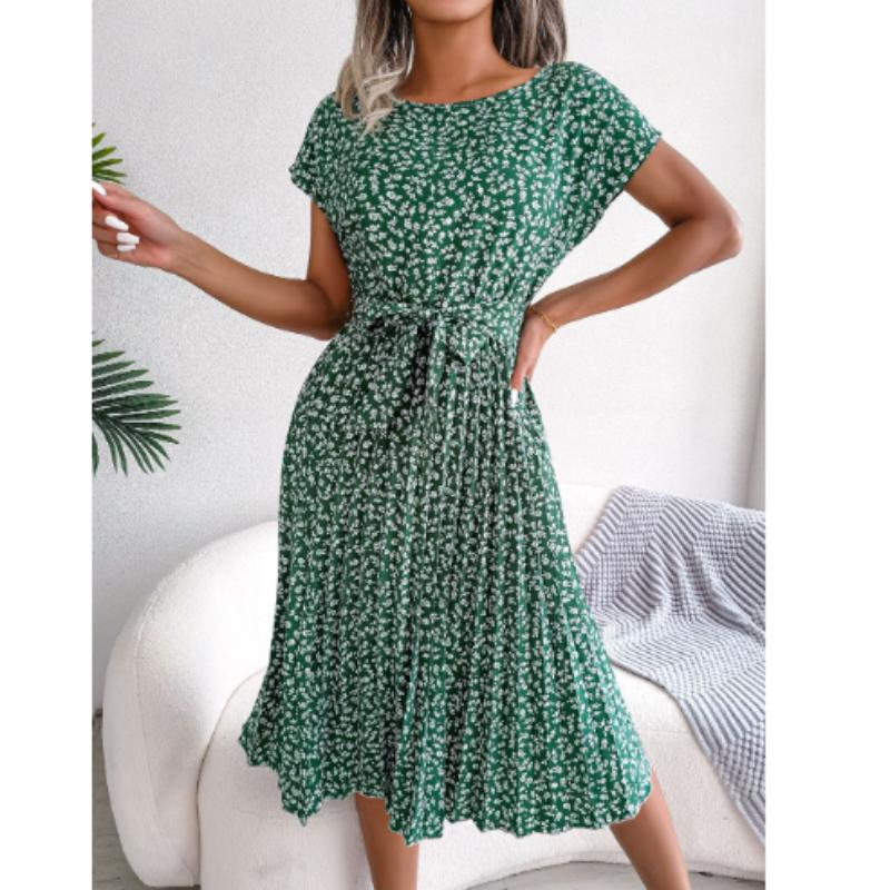 Spring Summer Women's Casual Short-sleeved Floral Pleated High-waisted Dress