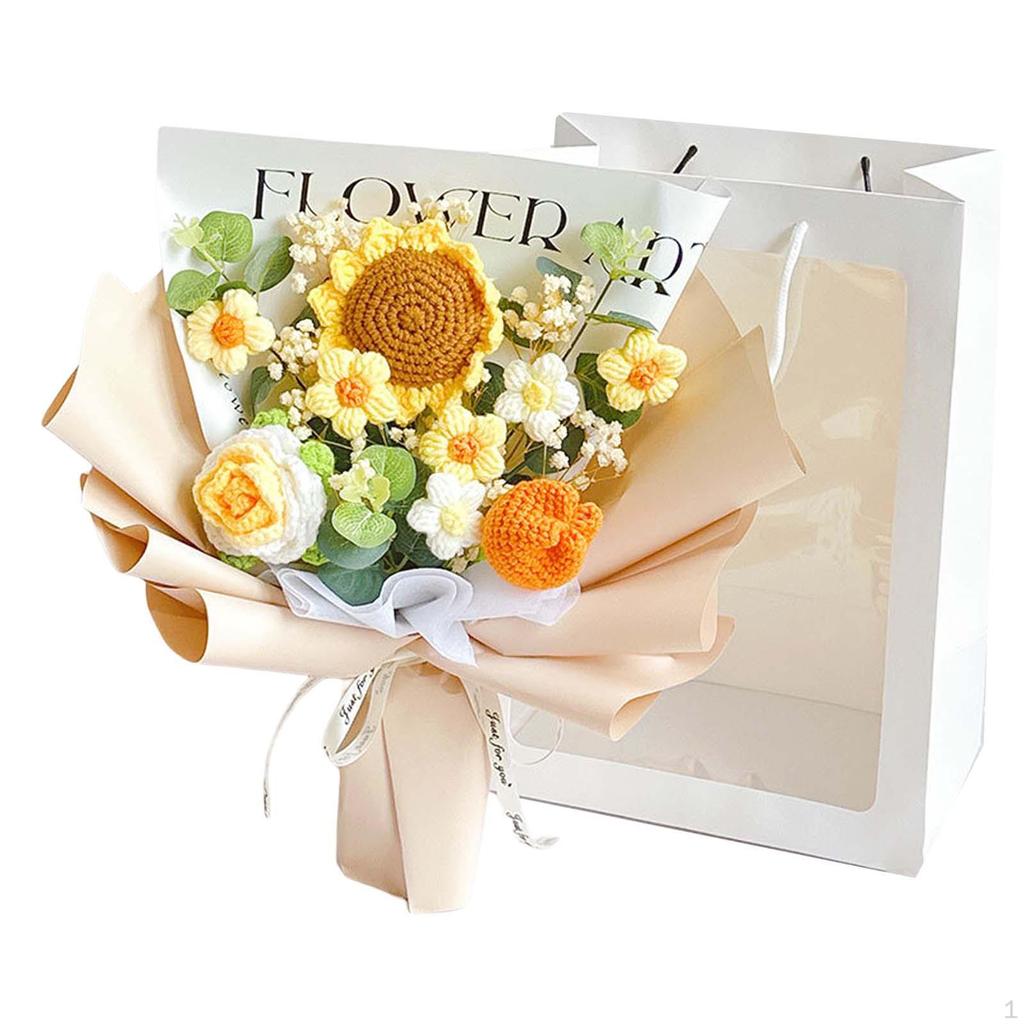 Completed Crochet Flowers Bouquet Artificial Knitting Daisy Elegant for Mother Day,