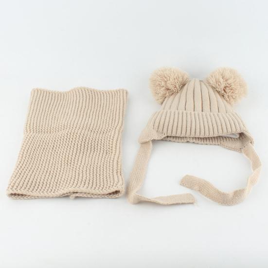 2 шт./набор Детская зимняя шапка и шарф Набор Декор плюшевым помпоном Однотонный Плюшевая подкладка Вязаная шапка Теплый комплект шарфа