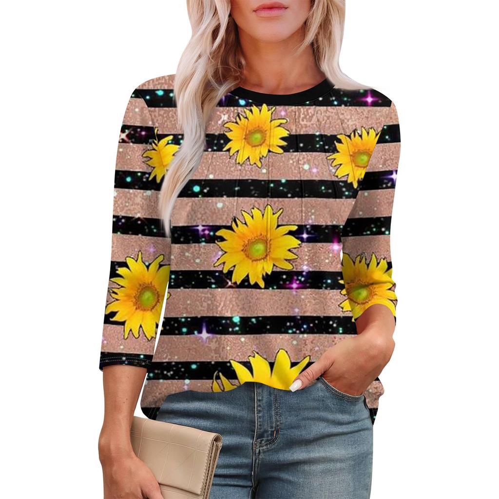 Women's Casual Round Neck Slim Sunflower Print Pleated Seven Sleeve Top