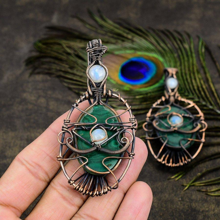 Malachite, Moonstone Gemstone Copper Wire Wrap Jewelry Pendant 3.15"