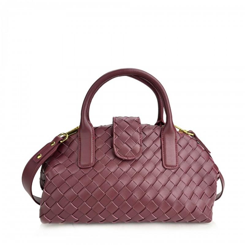 Womens Woven Cloud-Shape Shoulder Bag With Magnet Genuine Leather Boston Style Handbag Medium Size