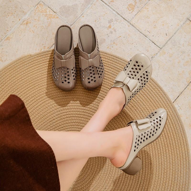 Johnature Женские тапочки из натуральной кожи с толстым каблуком и цветочным узором, с круглым носком, универсальная женская обувь