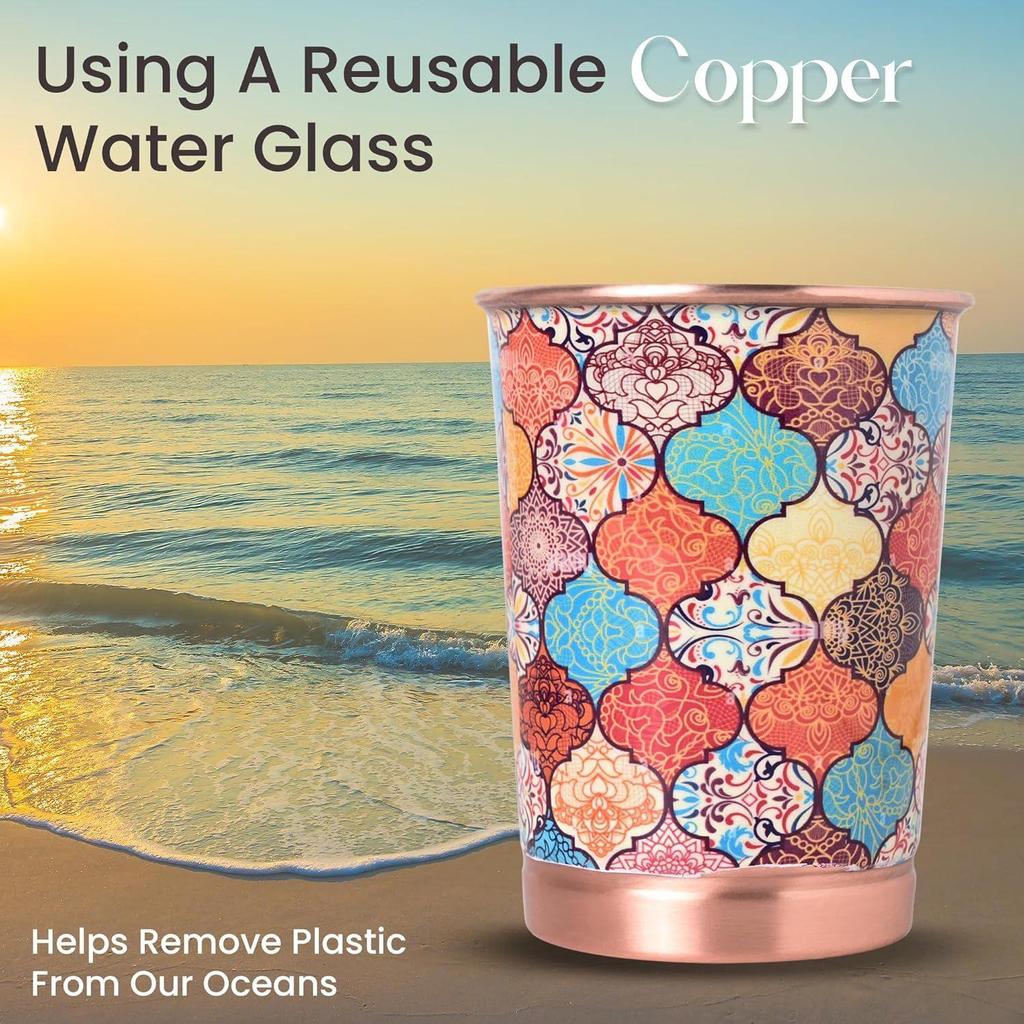 Copper Printed Design 250ML Water Glass with Rust Proof Protection for Home and Office Use Ayurveda and Yoga Health Benefits Glass Set of 6