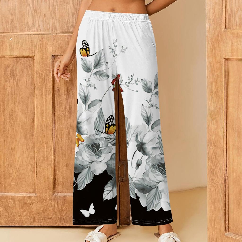 Женские повседневные брюки прямого кроя с эластичным поясом и принтом