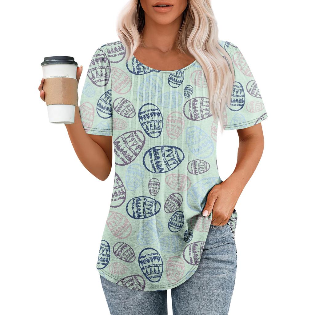 Ladies' Easter Printed Casual Pleated Round Short Sleeved T-shirt Top