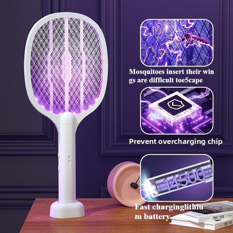 New 2-in-1 electric mosquito swatter with storage base,rechargeable,fly,bat,insect,use for home office,backyard,terrace camping